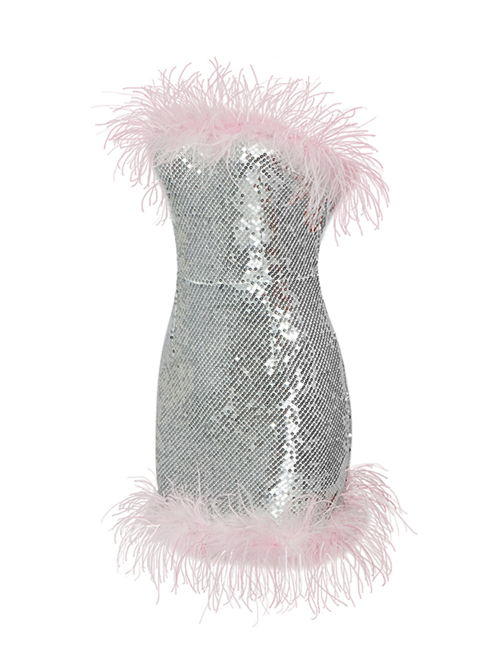 Strapless All Over Sequin Feather Trim Neckline and Hem Mini Dress