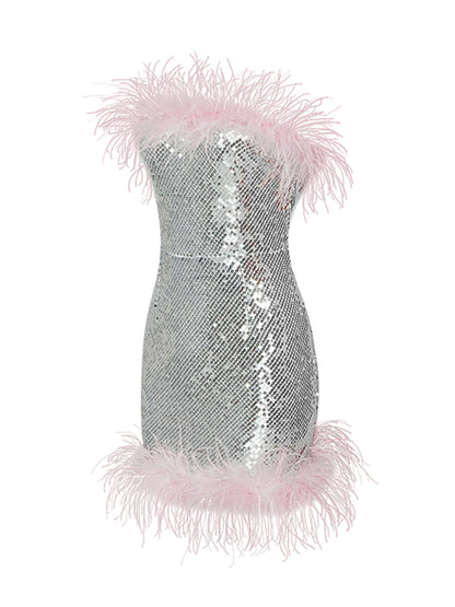 Strapless All Over Sequin Feather Trim Neckline and Hem Mini Dress