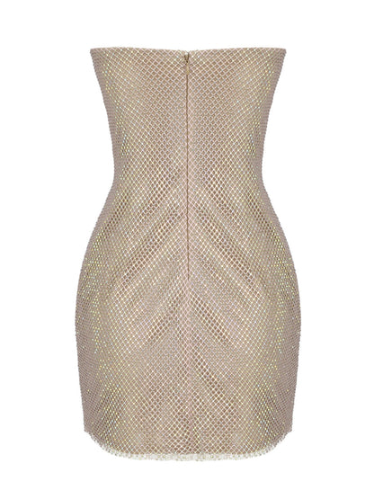 Sweetheart Corset Cage Boned Rhinestone Draped Mesh Mini Dress