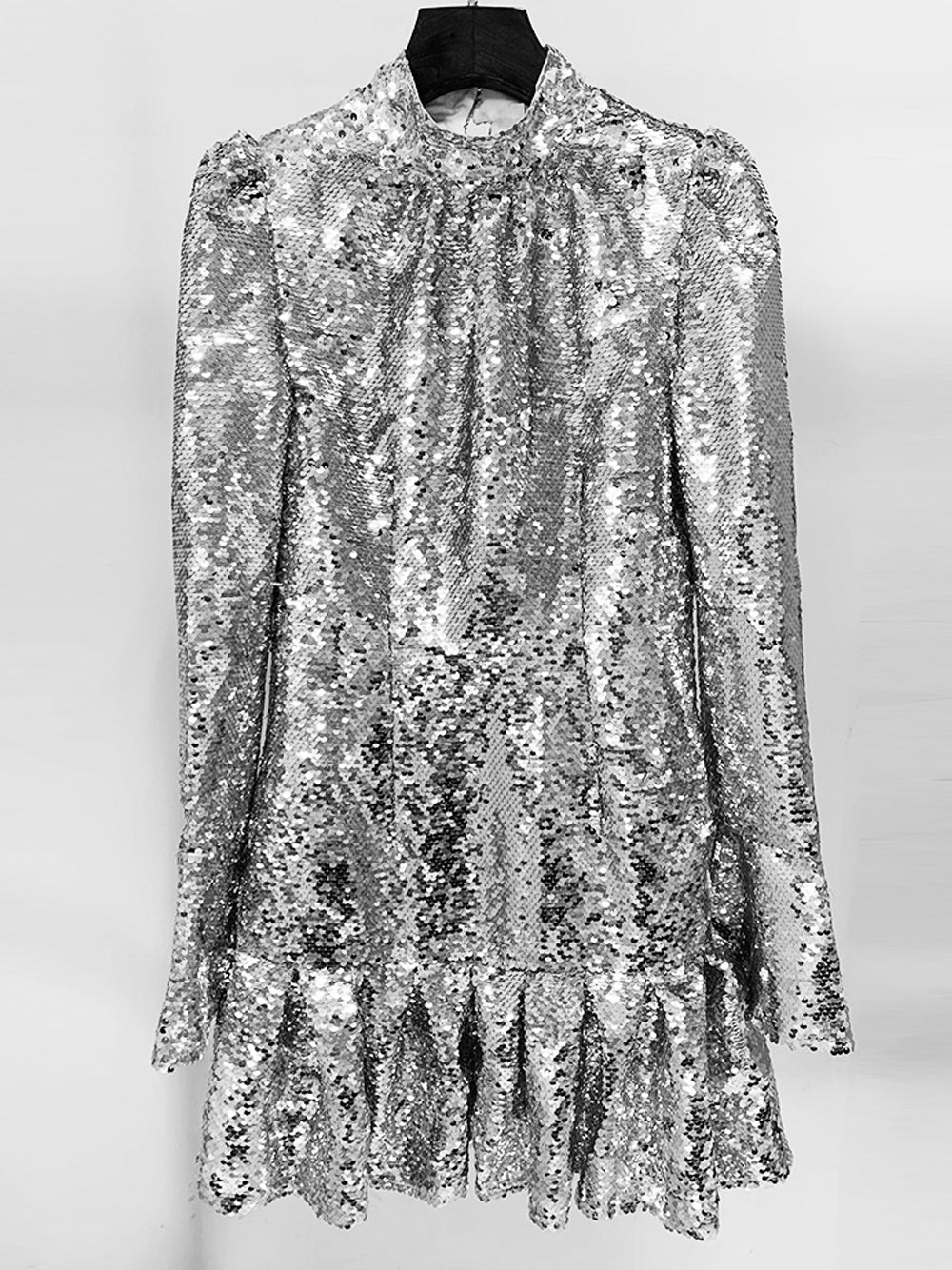 Mock Neck Puff Shoulder Sequin Ruffle Hem Flounce Mini Dress