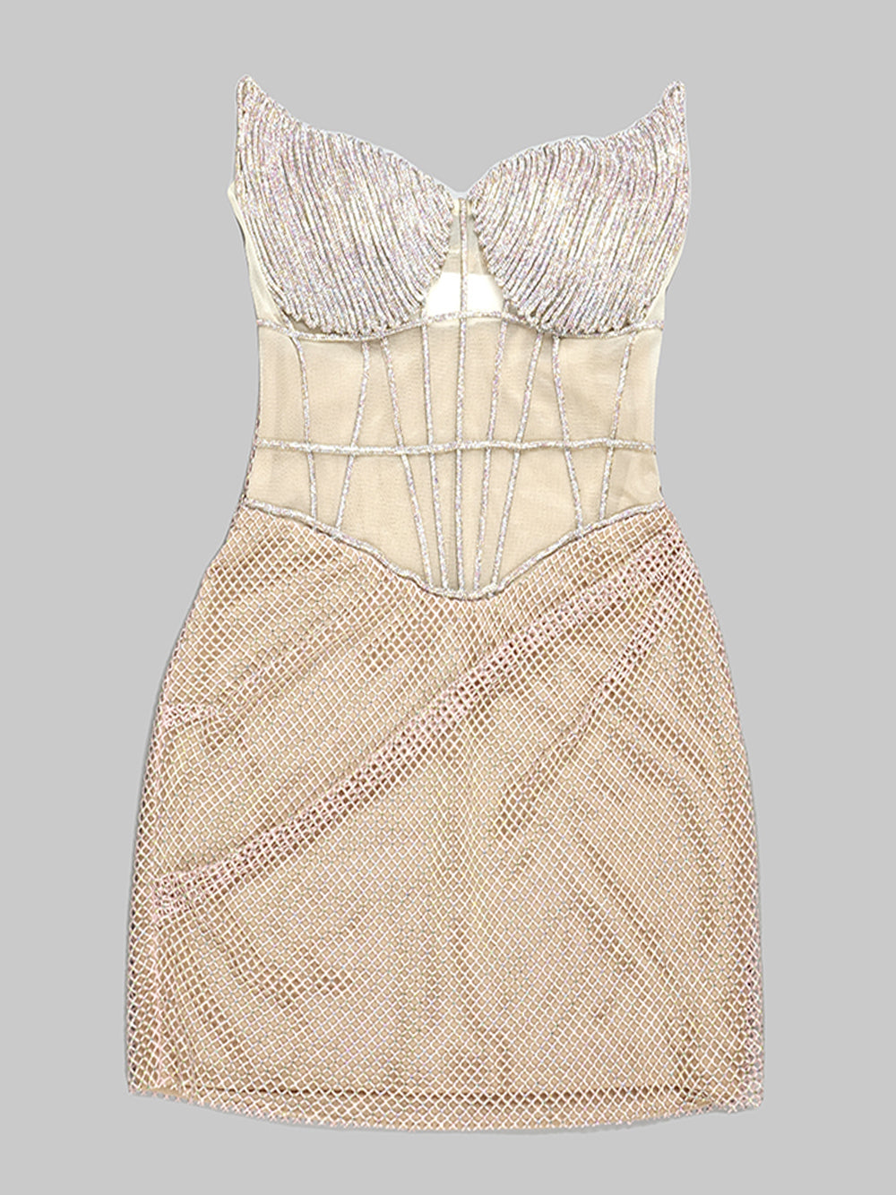 Sweetheart Corset Cage Boned Rhinestone Draped Mesh Mini Dress