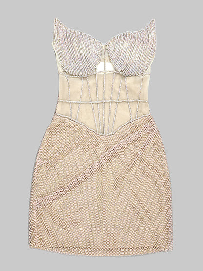 Sweetheart Corset Cage Boned Rhinestone Draped Mesh Mini Dress