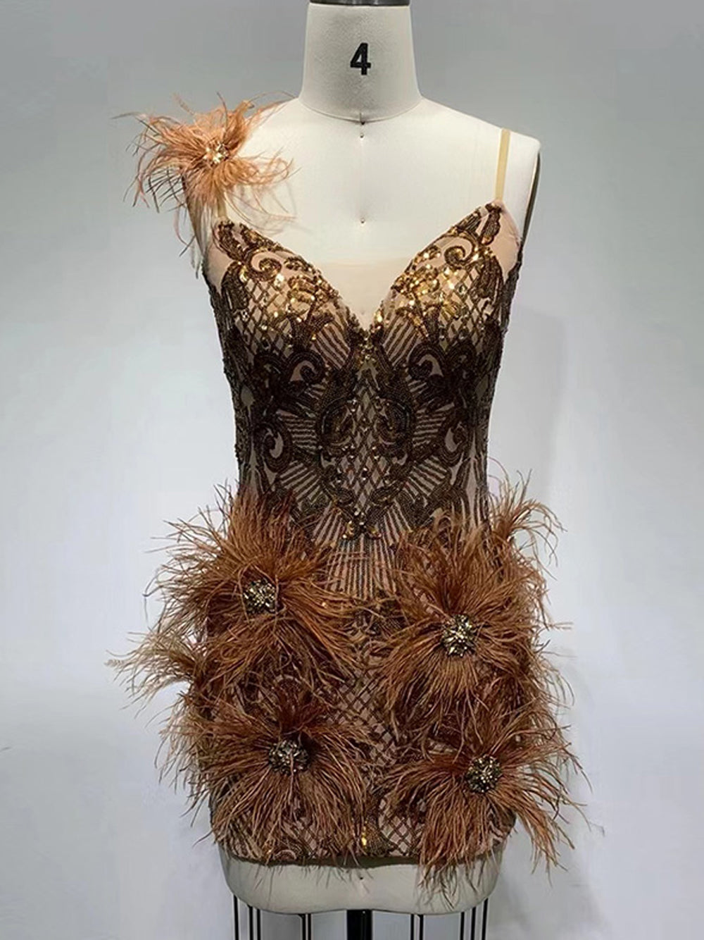 Deep V Neck Crystal Brooch Ostrich Feather Beaded Baroque Mini Dress