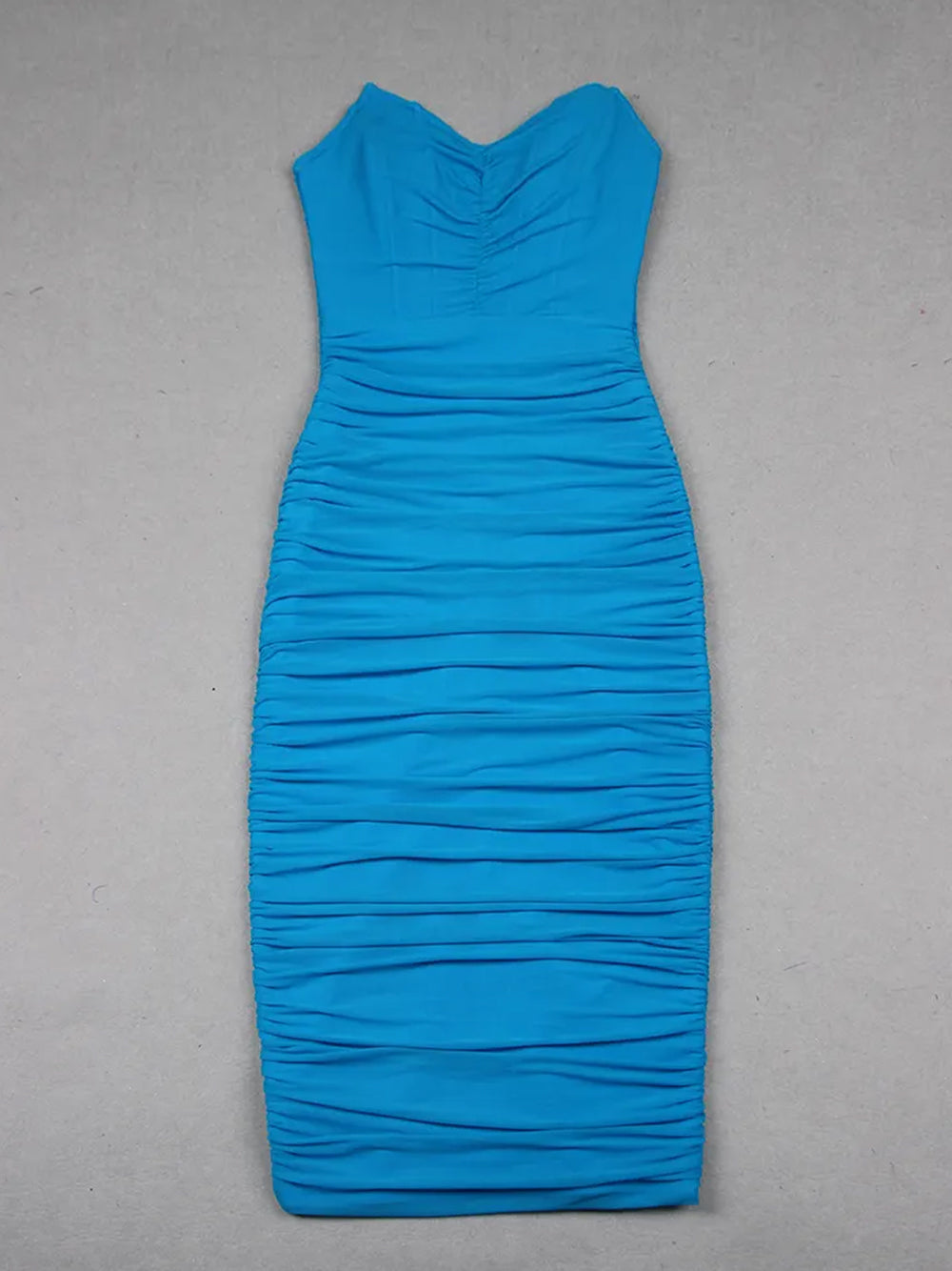 Strapless Sweetheart Plunging All Over Ruched Column Midi Dress