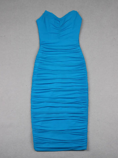Strapless Sweetheart Plunging All Over Ruched Column Midi Dress