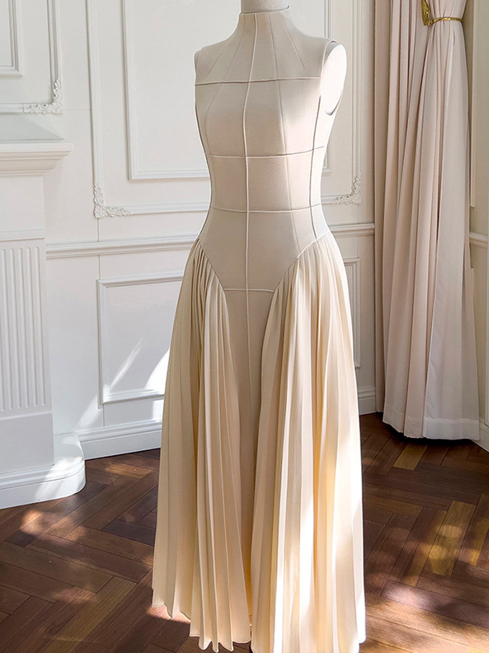 Mock Neck Grid Seam Bodice Dropped Point Waist Accordion Pleat Midi Dress