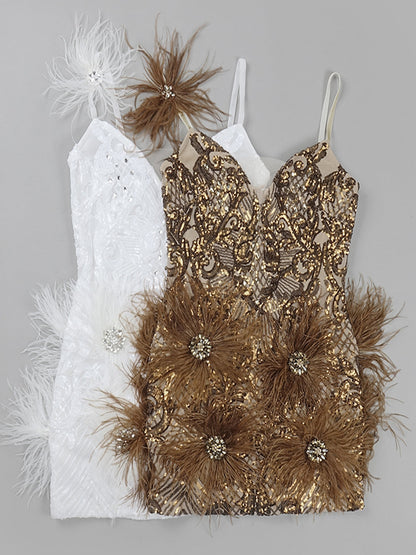 Deep V Neck Crystal Brooch Ostrich Feather Beaded Baroque Mini Dress