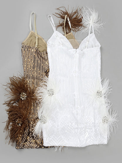 Deep V Neck Crystal Brooch Ostrich Feather Beaded Baroque Mini Dress