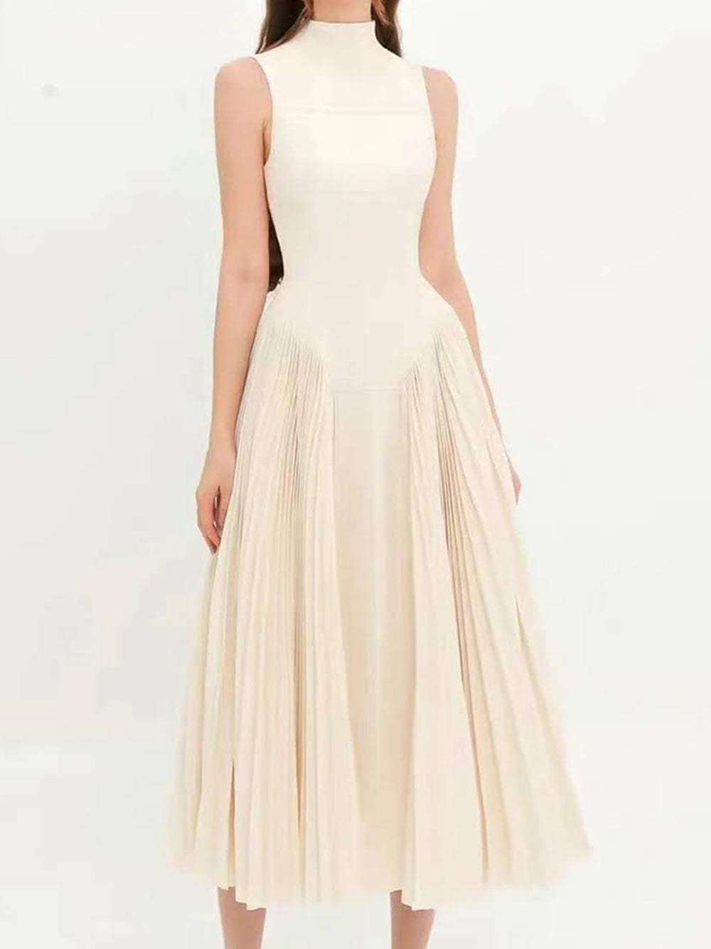 Mock Neck Grid Seam Bodice Dropped Point Waist Accordion Pleat Midi Dress