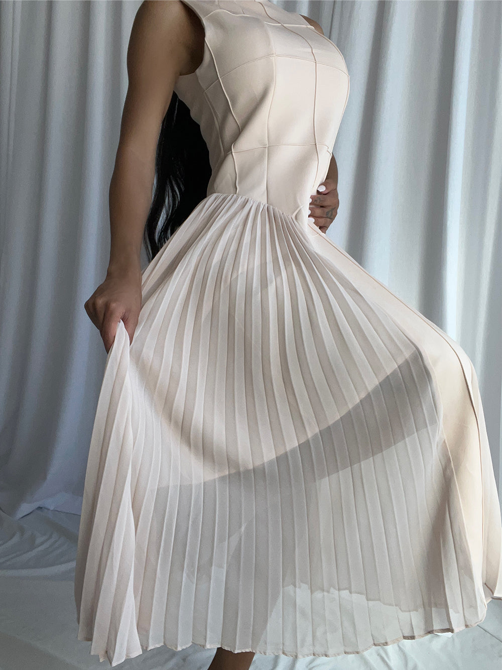Mock Neck Grid Seam Bodice Dropped Point Waist Accordion Pleat Midi Dress