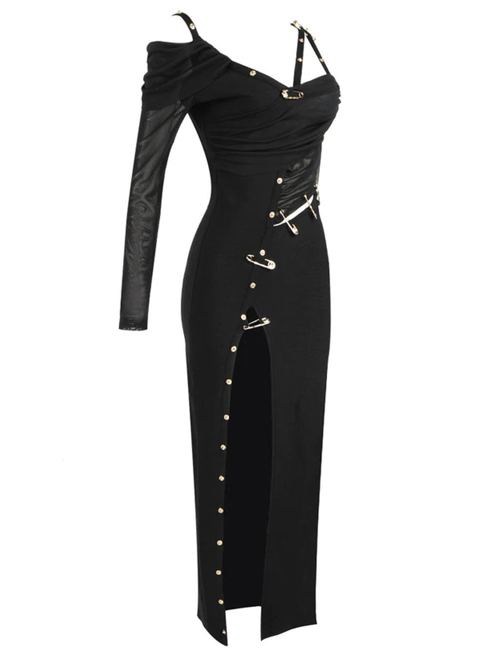 One Shoulder Ruched Cutout Side Slit Satin Maxi Dress 2