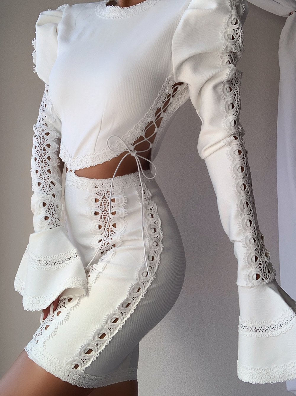 Eyelet Lace Puff Sleeve Cutout Tie Side Cropped Top and Mini Skirt Set