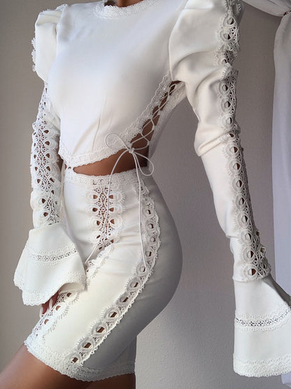 Eyelet Lace Puff Sleeve Cutout Tie Side Cropped Top and Mini Skirt Set