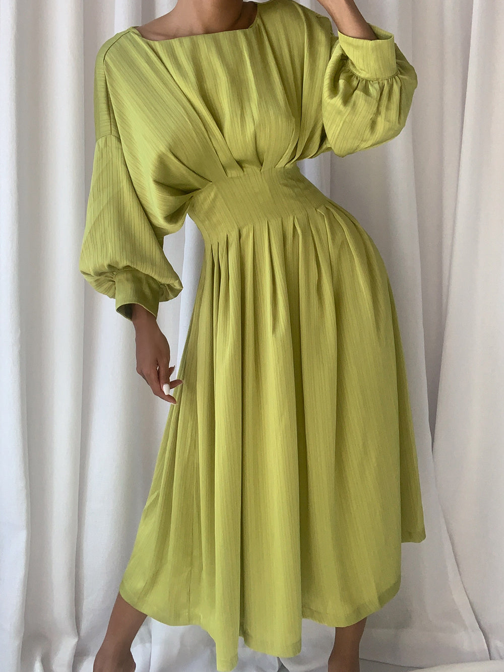 Round Neck Pleated Waist Bishop Sleeve Flared Midi Dress