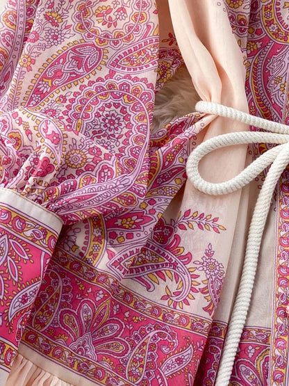 Stand Collar Button Front Tassel Belt Tiered Paisley Floral Maxi Dress