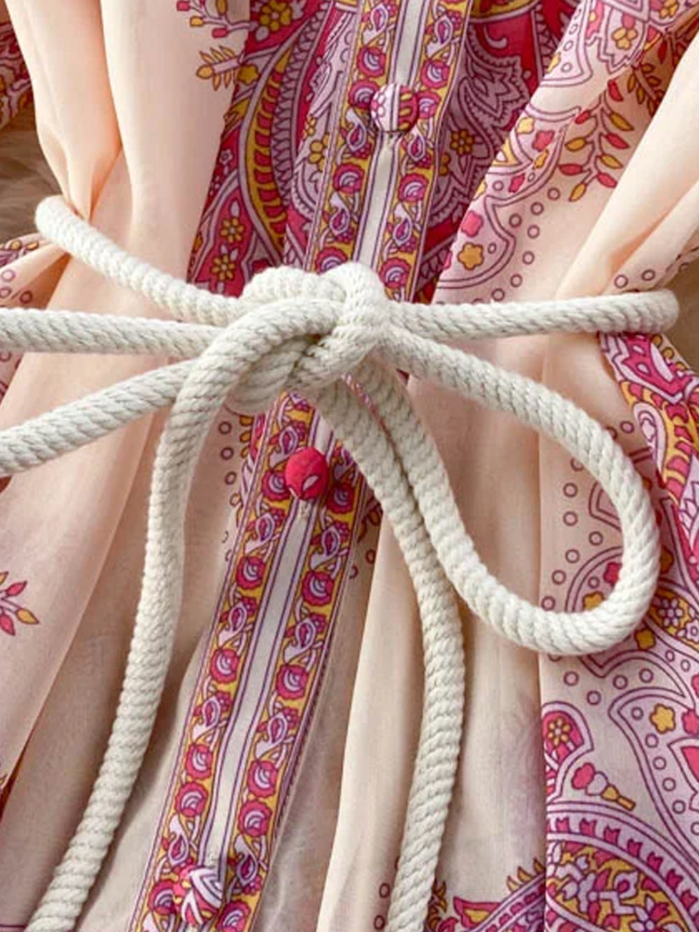 Stand Collar Button Front Tassel Belt Tiered Paisley Floral Maxi Dress