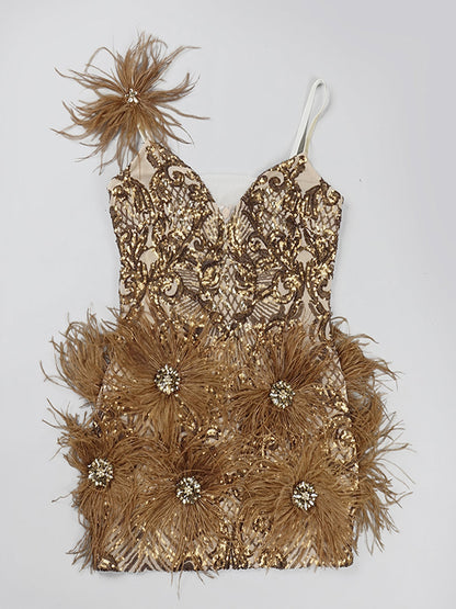 Deep V Neck Crystal Brooch Ostrich Feather Beaded Baroque Mini Dress