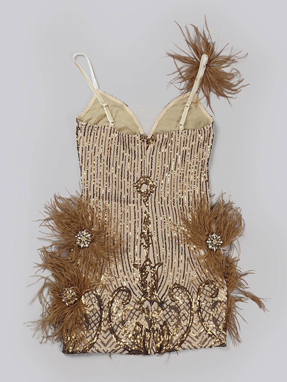 Deep V Neck Crystal Brooch Ostrich Feather Beaded Baroque Mini Dress