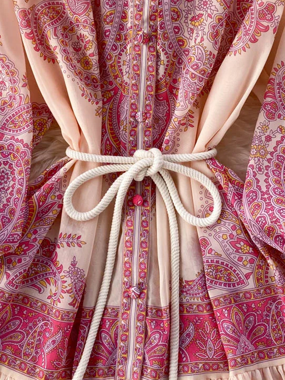 Stand Collar Button Front Tassel Belt Tiered Paisley Floral Maxi Dress