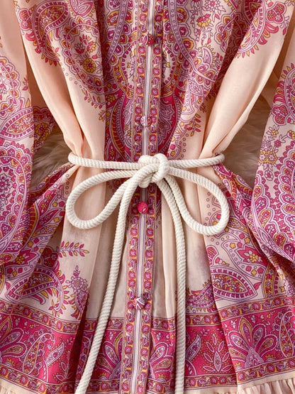 Stand Collar Button Front Tassel Belt Tiered Paisley Floral Maxi Dress