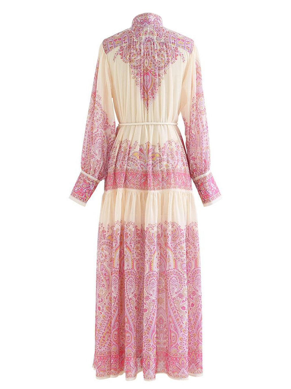 Stand Collar Button Front Tassel Belt Tiered Paisley Floral Maxi Dress