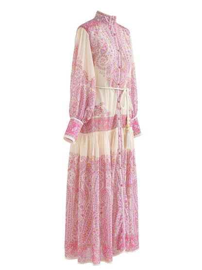 Stand Collar Button Front Tassel Belt Tiered Paisley Floral Maxi Dress