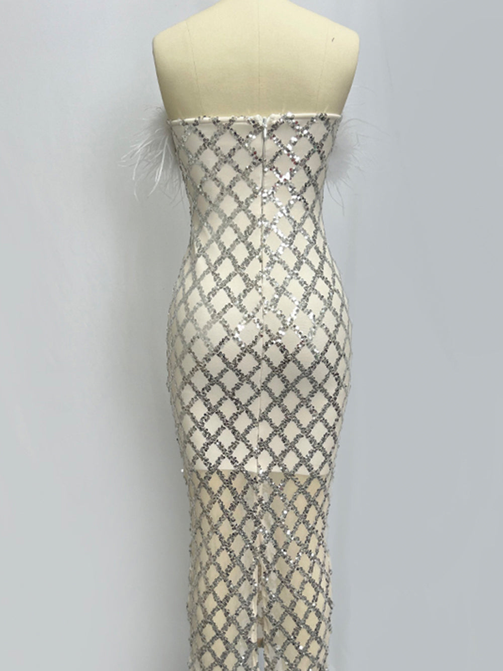 Feather Trim Neck Diamond Sequin Lattice Sheer Hem Maxi Gown