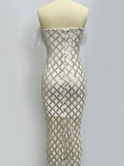 Feather Trim Neck Diamond Sequin Lattice Sheer Hem Maxi Gown