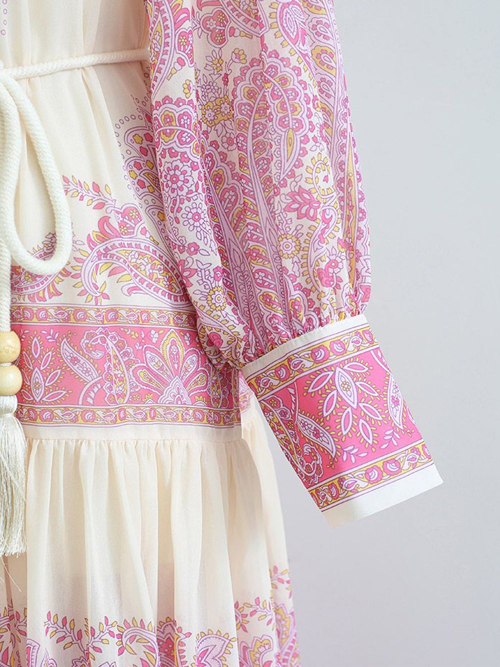 Stand Collar Button Front Tassel Belt Tiered Paisley Floral Maxi Dress