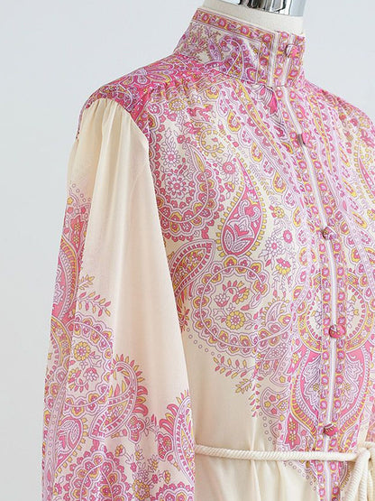 Stand Collar Button Front Tassel Belt Tiered Paisley Floral Maxi Dress