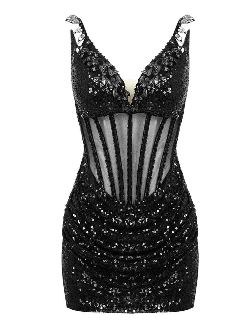 Deep V Neck Rhinestone Trim Corset Mesh Panel Sequin Bodycon Mini Dress