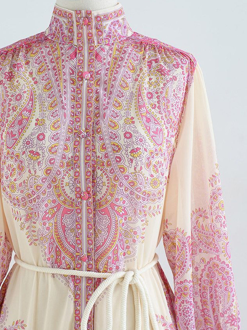 Stand Collar Button Front Tassel Belt Tiered Paisley Floral Maxi Dress