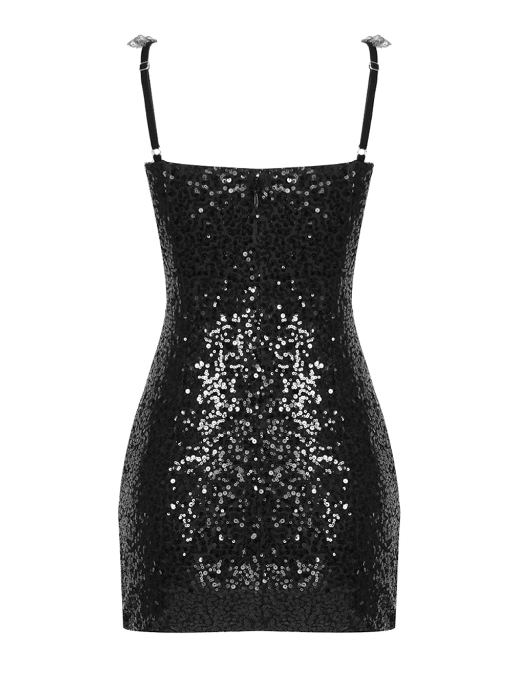 Deep V Neck Rhinestone Trim Corset Mesh Panel Sequin Bodycon Mini Dress