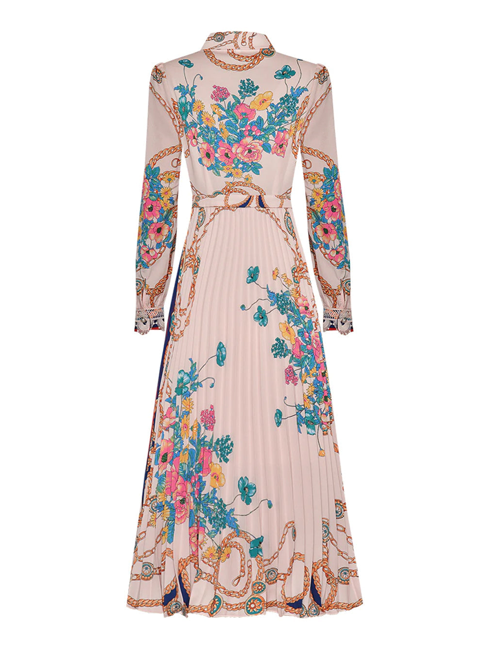 Tie Neck Lace Trim Bishop Sleeve Accordion Pleat Chain Floral Midi Dress
