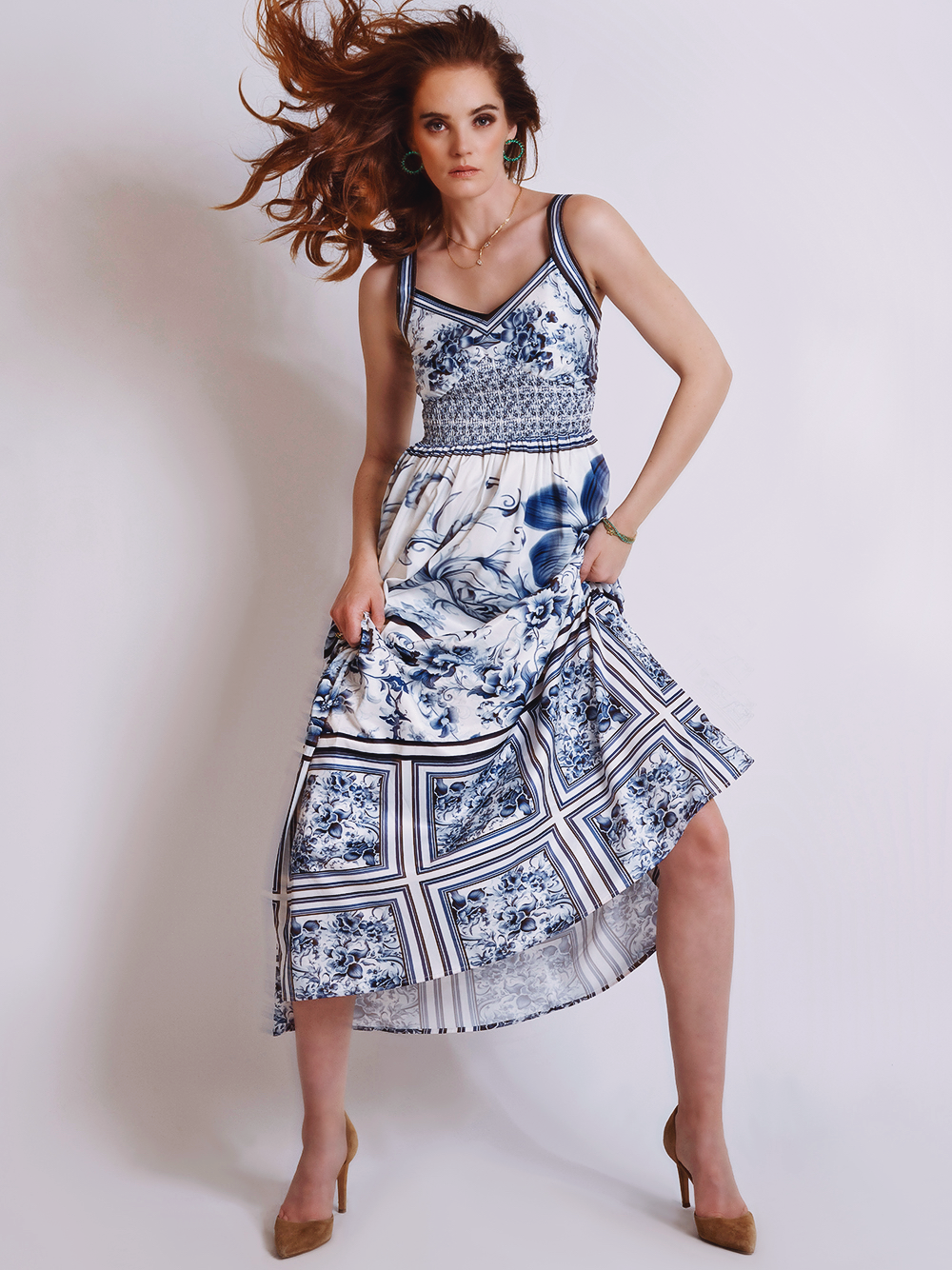 Spaghetti Strap Smocked Waist Tile Print Handkerchief Hem Midi Dress