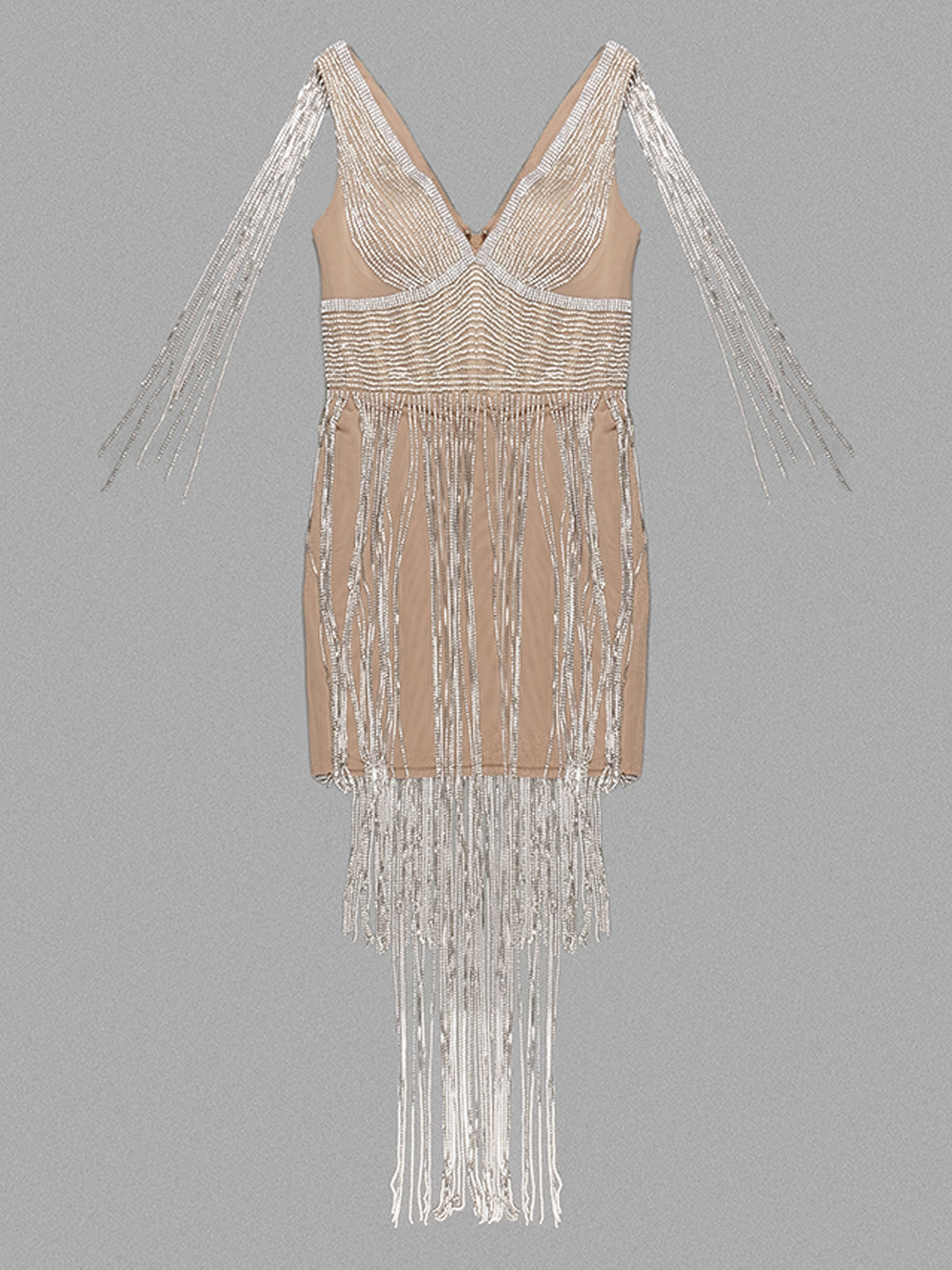 Deep V Neck Rhinestone Beaded Fringe Strap Bodycon Mini Dress