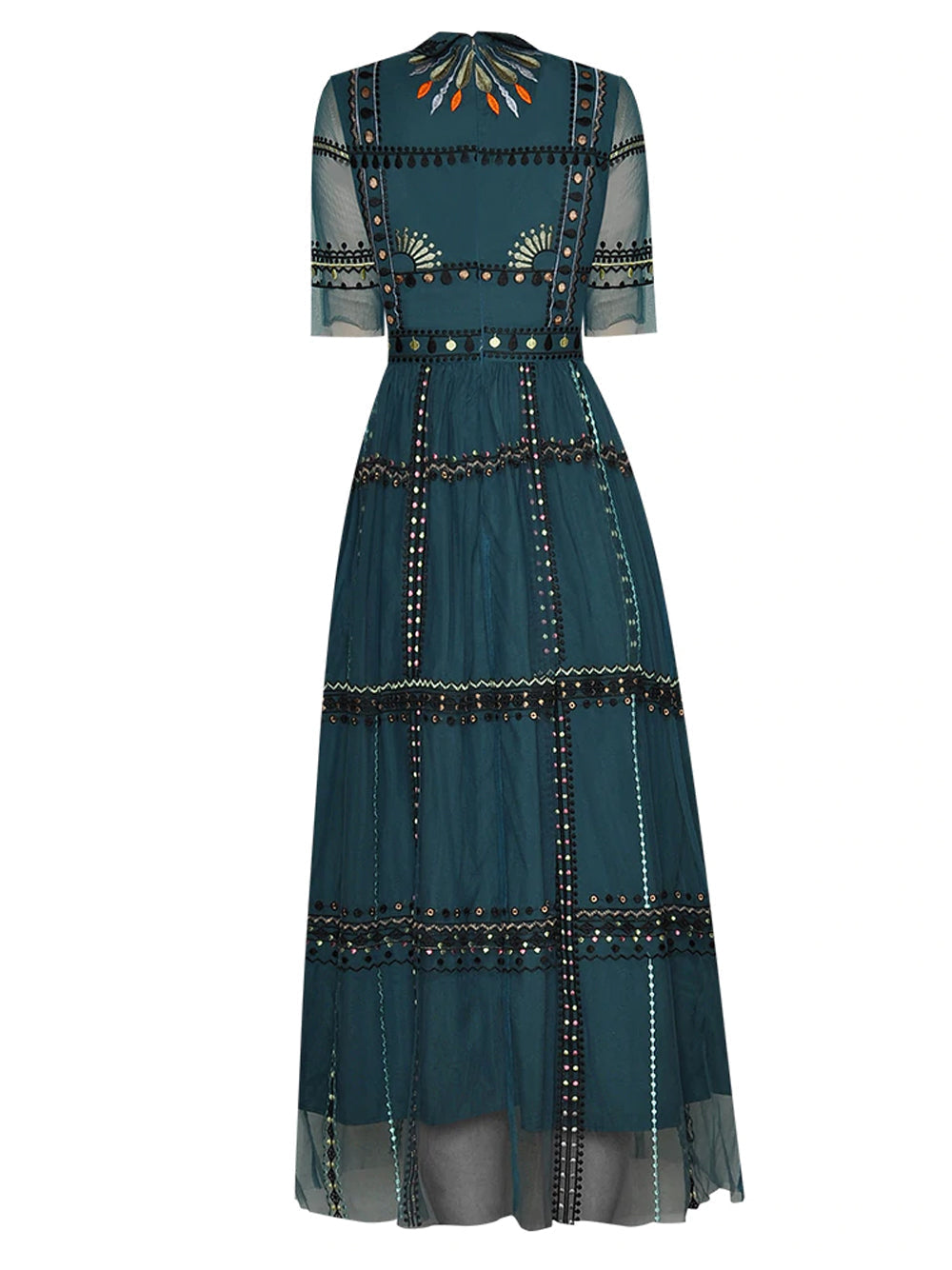 Collared Fan Motif Embroidered Mesh Studded Waistband Scalloped Lace Gown