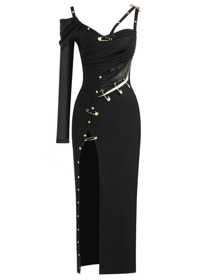 One Shoulder Ruched Cutout Side Slit Satin Maxi Dress 2