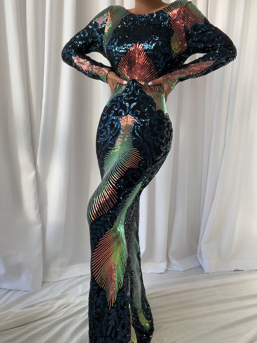 Crew Neck Long Sleeve Iridescent Sequin Fan Motif Bodycon Maxi Dress