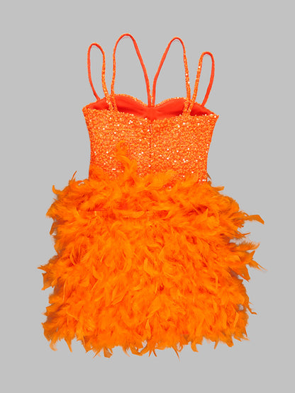 Sweetheart Cross Strap Sequin Bodice Feather Skirt Mini Dress