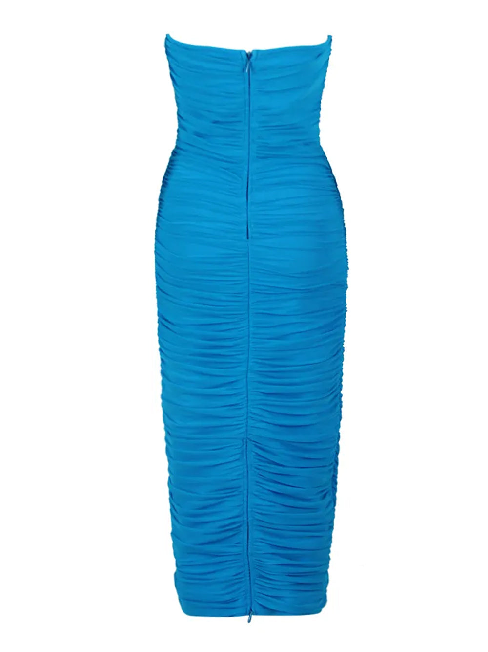 Strapless Sweetheart Plunging All Over Ruched Column Midi Dress