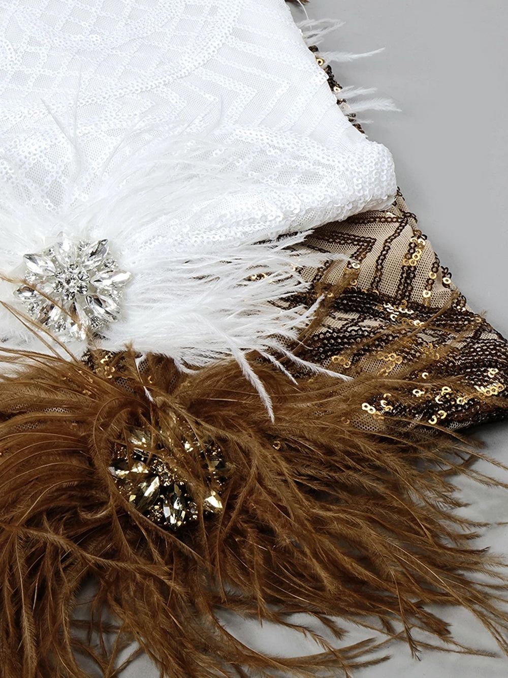 Deep V Neck Crystal Brooch Ostrich Feather Beaded Baroque Mini Dress