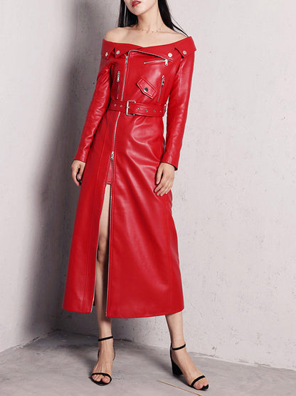 Off Shoulder Moto Zipper Belted Thigh Slit Faux Leather Maxi Dress
