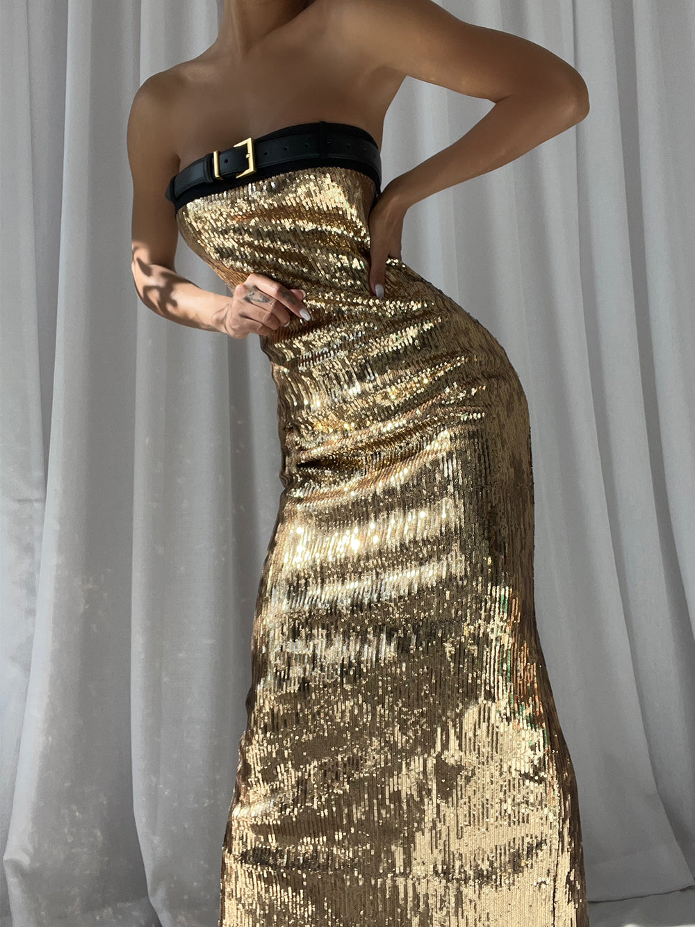 Strapless Buckle Bust Sequin Vertical Stripe Bodycon Midi Dress