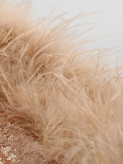 Sweetheart Neck Long Sleeve Sequin Side Ruched Feather Hem Mini Dress
