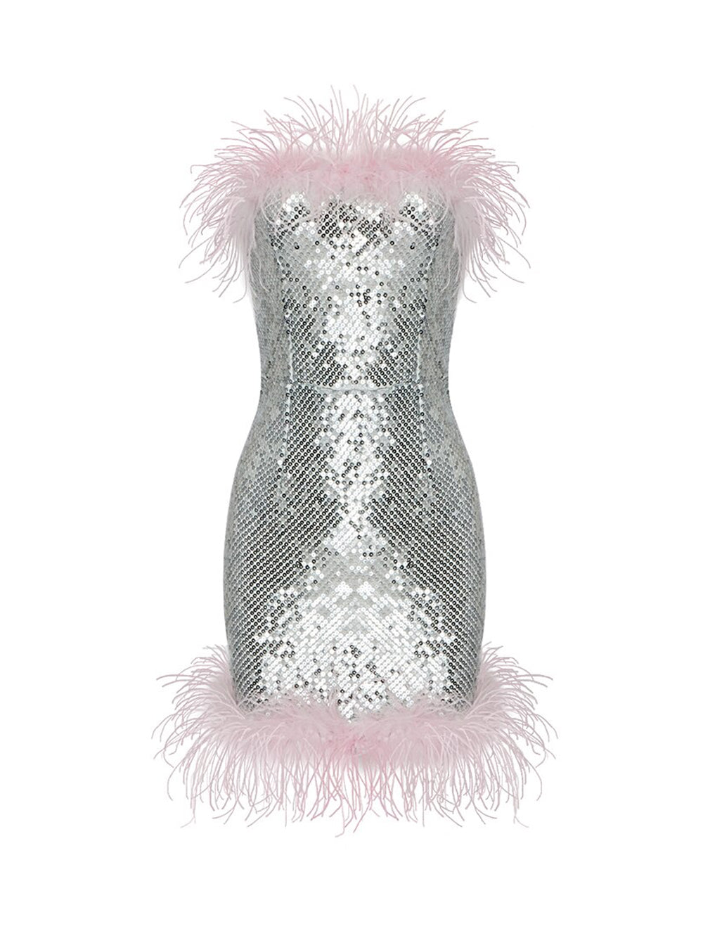 Strapless All Over Sequin Feather Trim Neckline and Hem Mini Dress