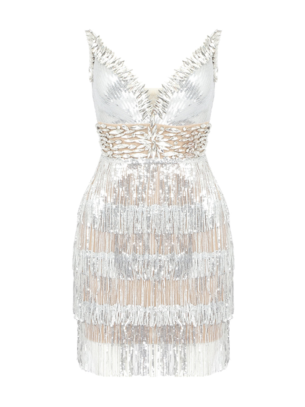 Deep V Neck Sequin Bodice Crystal Waistband Fringe Tier Mini Dress