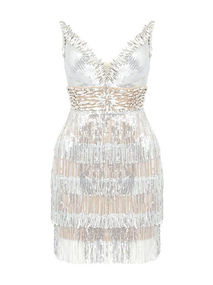 Deep V Neck Sequin Bodice Crystal Waistband Fringe Tier Mini Dress