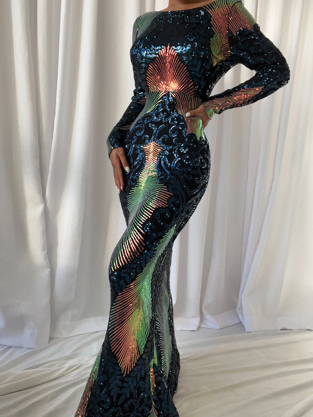Crew Neck Long Sleeve Iridescent Sequin Fan Motif Bodycon Maxi Dress