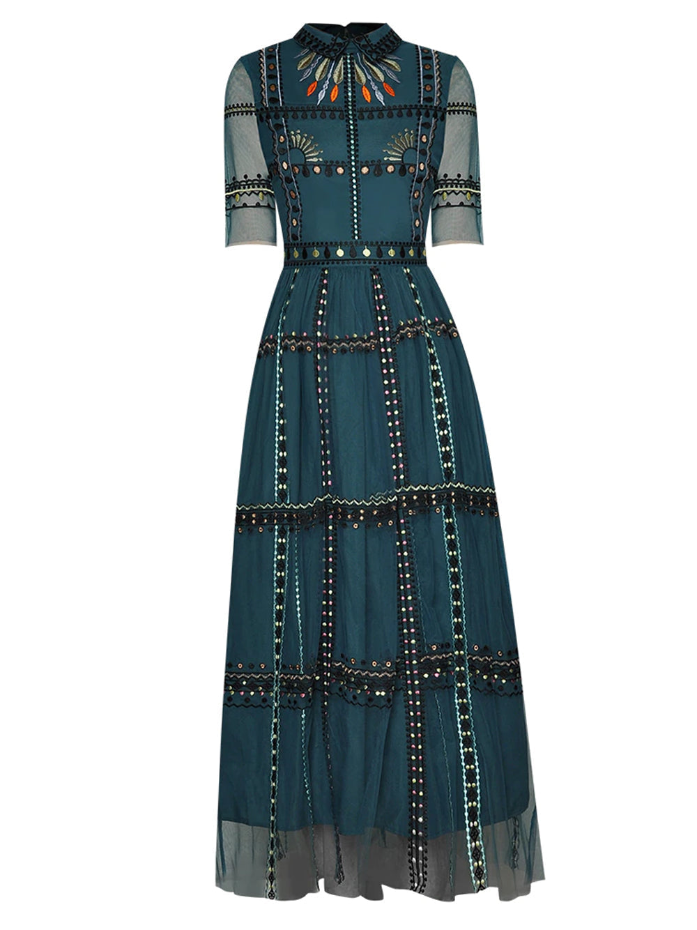 Collared Fan Motif Embroidered Mesh Studded Waistband Scalloped Lace Gown